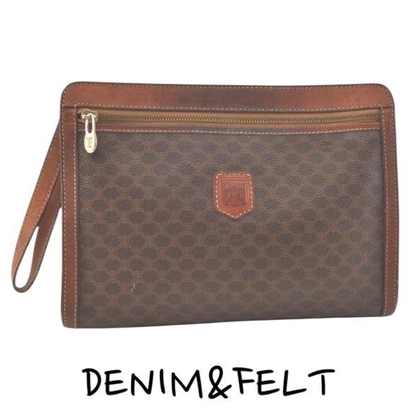 CELINE Brown Macadam Blason Pattern PVC/Leather Hand Bag/Clutch/Cosmetic Bag 🤎 - Picture 1 of 16